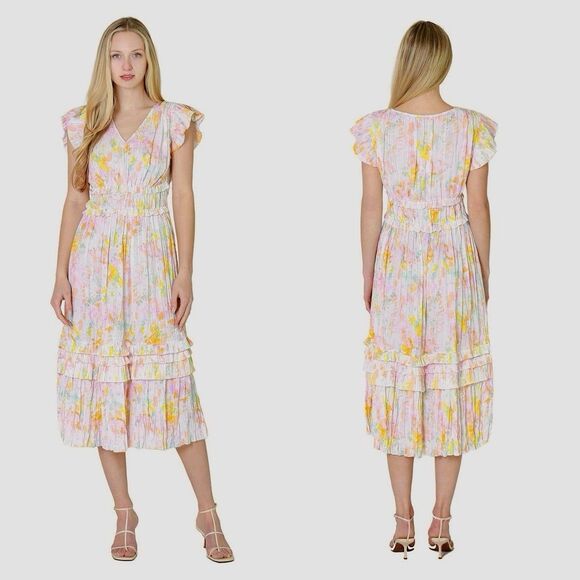 Current Air Sereia Shirred Pleated Midi Dress Sz L Watercolor Cap Sleeves V-Neck